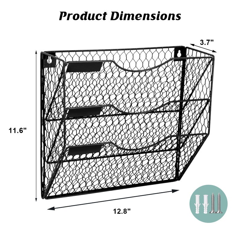 EASEPRES Mail Organizer Wall Mount Hanging File Holder Storage, Metal Chicken Wire Magazine Rack 3 Tier, Black - Image 2